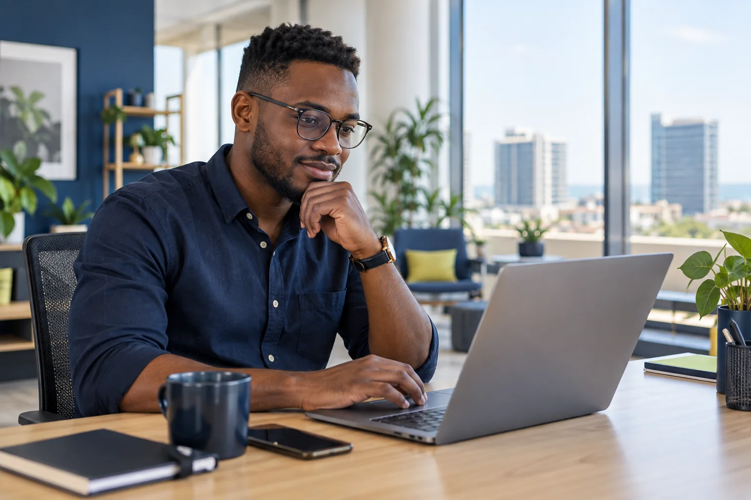 Illustrative software professional working on a laptop in a bright office